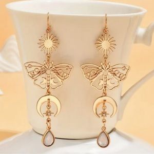 Gothic Vintage Gold Earrings, Butterfly Star Moon, White Stone Dangle Earrings